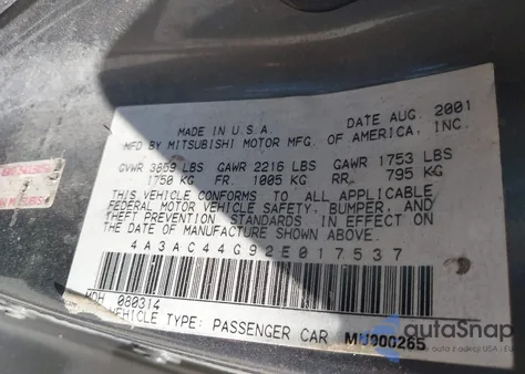 2002 Mitsubishi Eclipse Gs z USA, uszkodzony, nr VIN 4A3AC44G92E017537